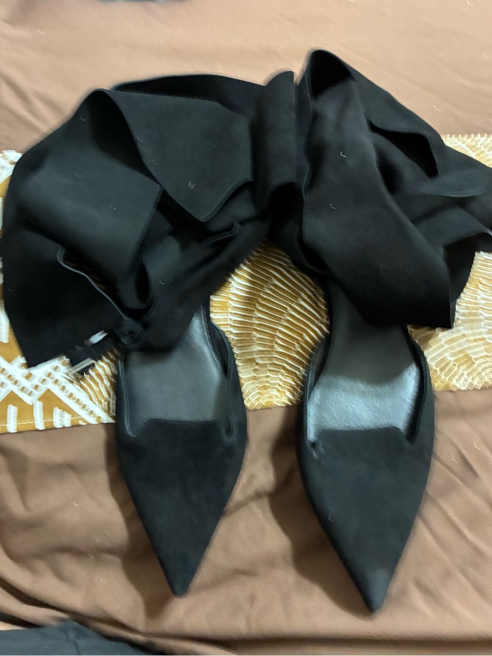 Pointed Black Suede Wrap Mules with Long Ankle Ties